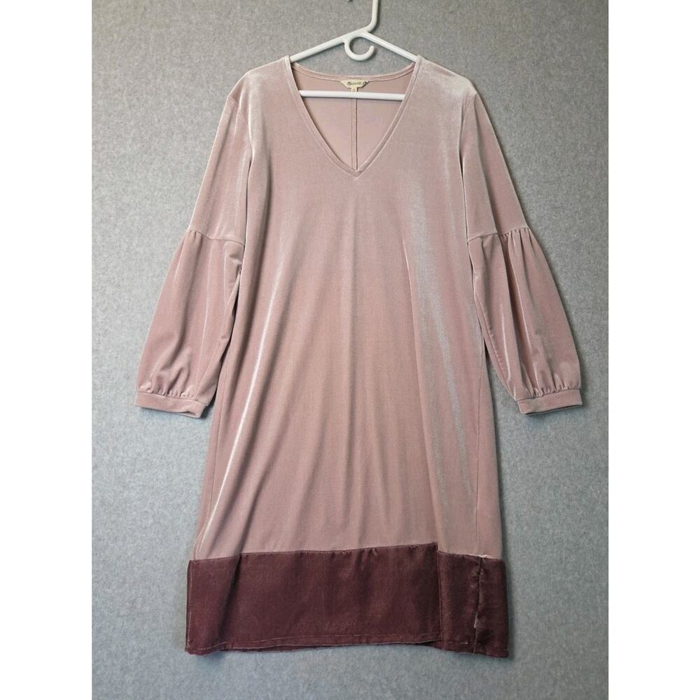 Madewell Pale Pink Blush LS V Neck Velvet Midi Shift Dress Women Medium Stretch
